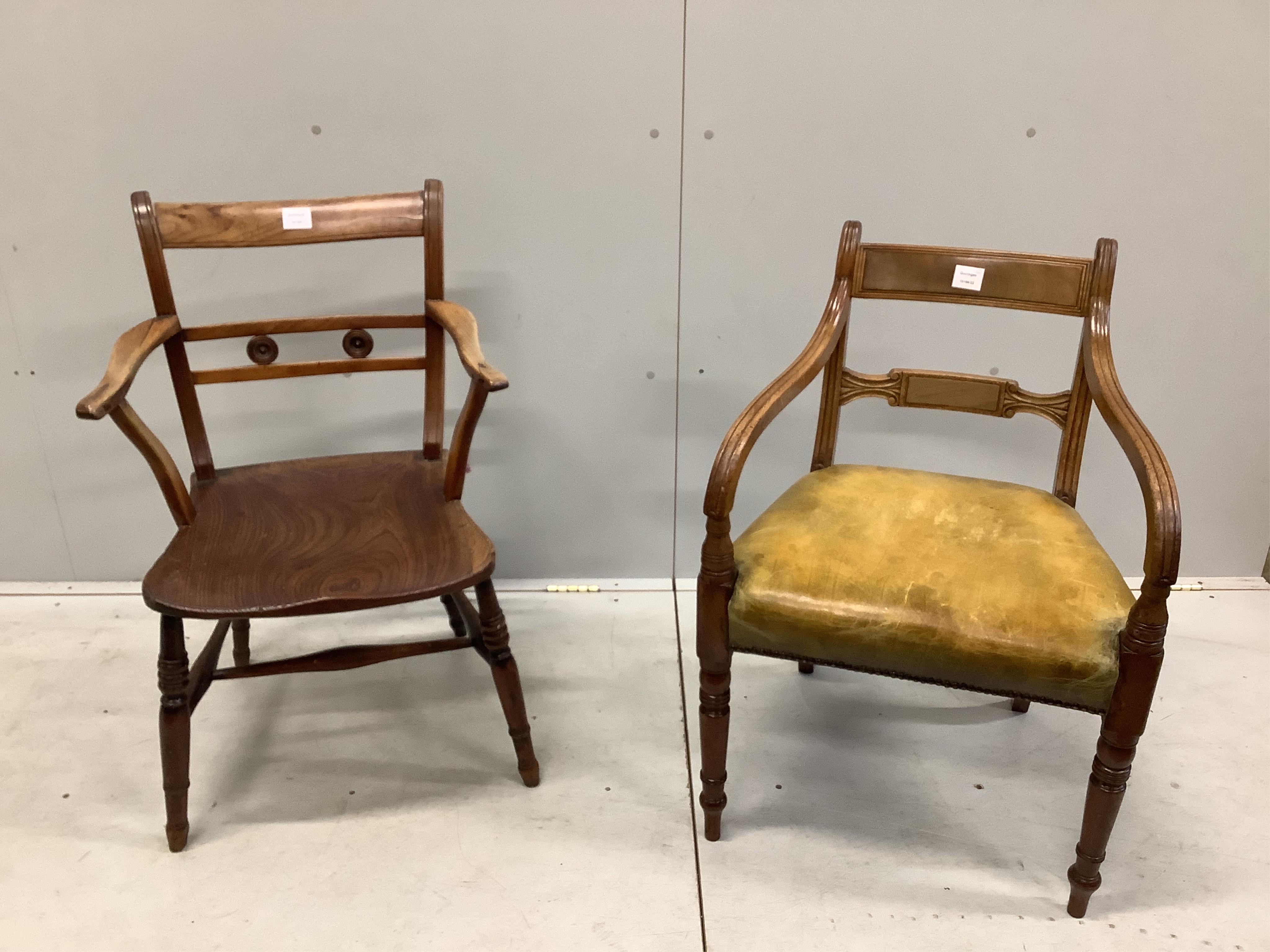 A 19th century ash and elm Windsor elbow chair, width 50cm, depth 42cm, height 86cm, together with a Regency mahogany scroll armchair. Condition - poor to fair